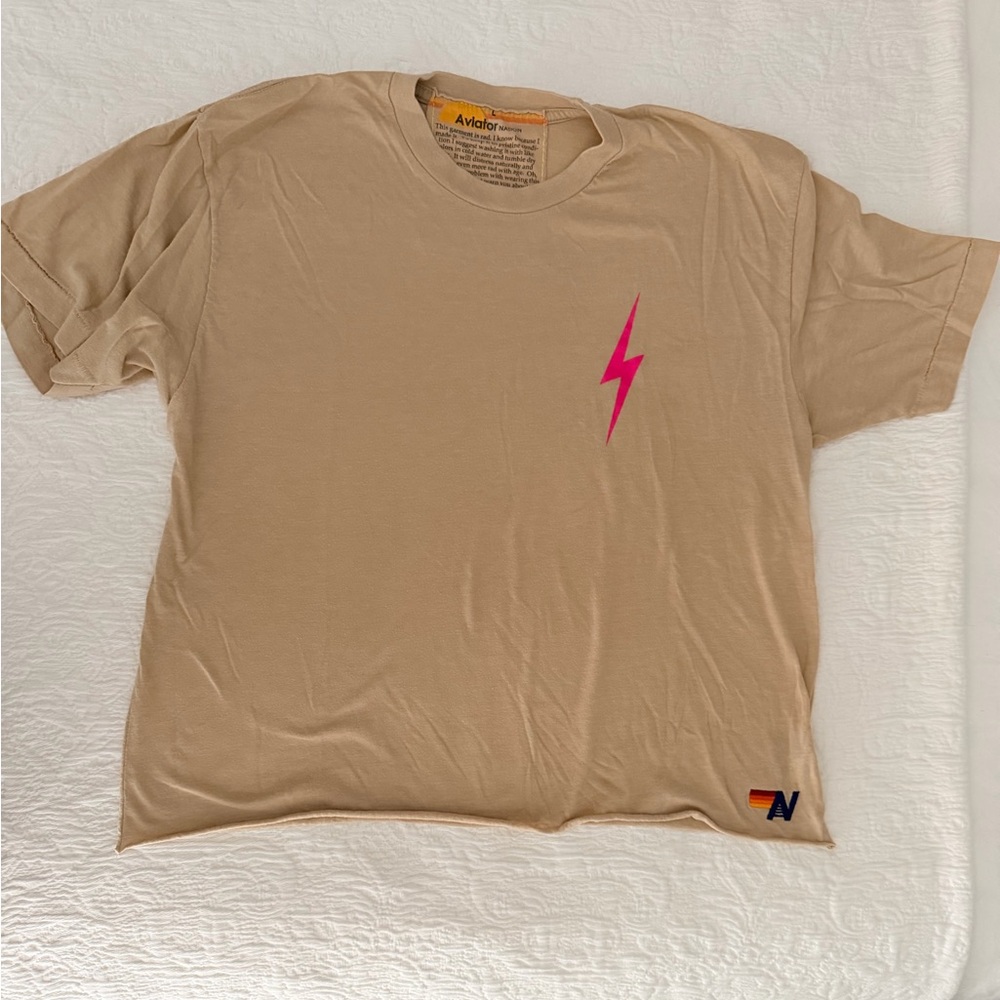 Aviator Nation Boyfriend Tan Tee with Pink Lightning Bolt